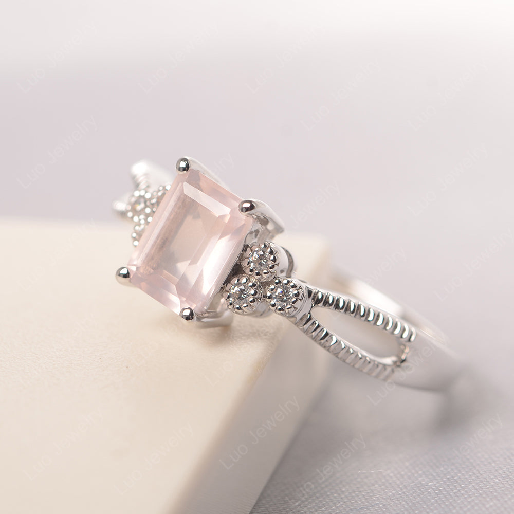 Emerald Cut Rose Quartz Ring Vintage Engagement Ring - LUO Jewelry