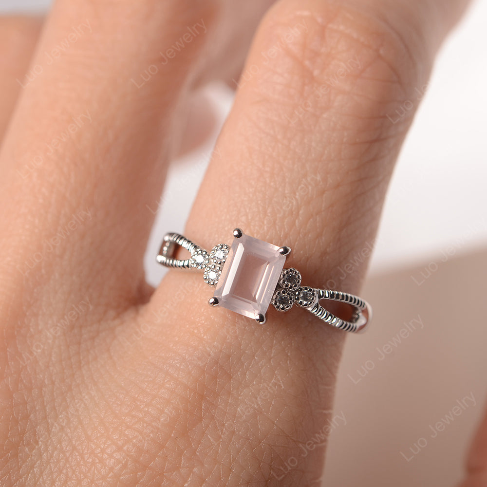 Emerald Cut Rose Quartz Ring Vintage Engagement Ring - LUO Jewelry