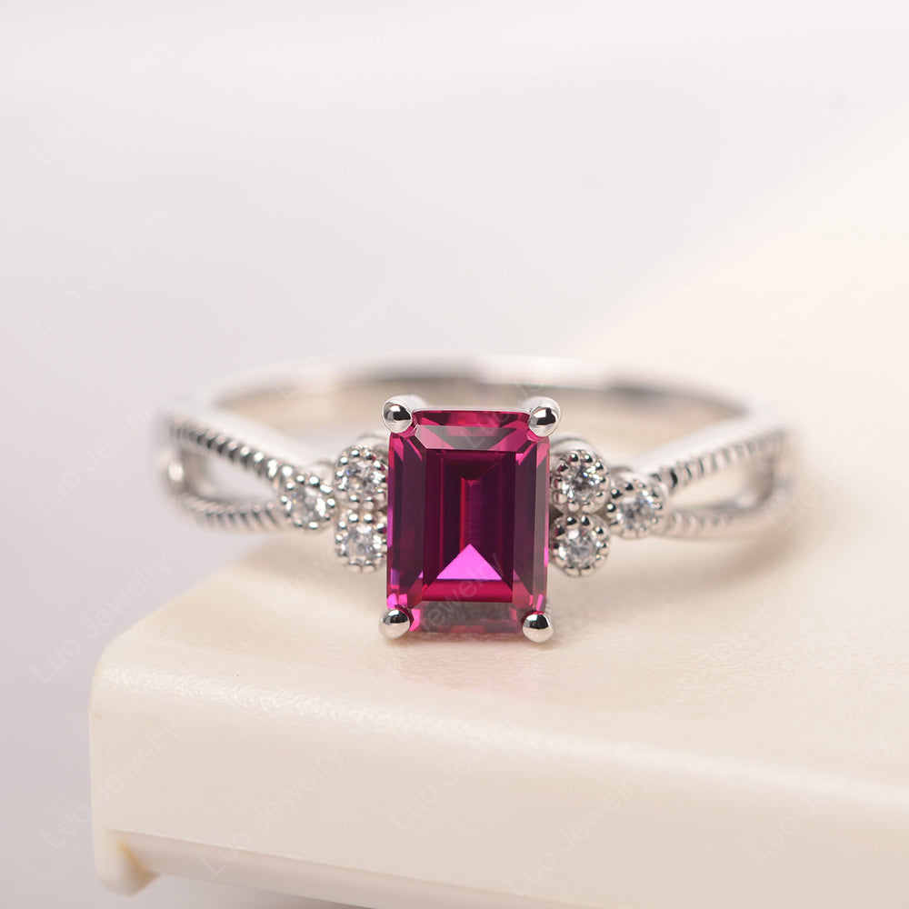 Emerald Cut Ruby Ring Vintage Engagement Ring - LUO Jewelry