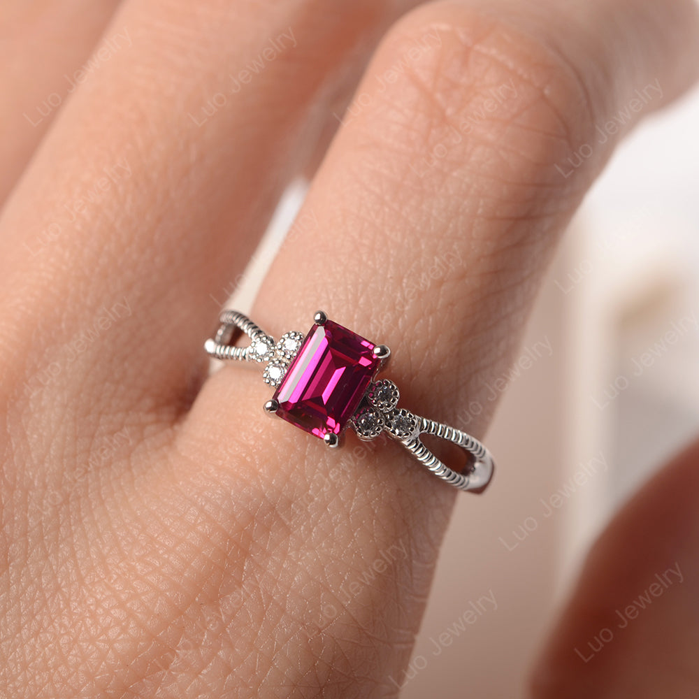 Emerald Cut Ruby Ring Vintage Engagement Ring - LUO Jewelry
