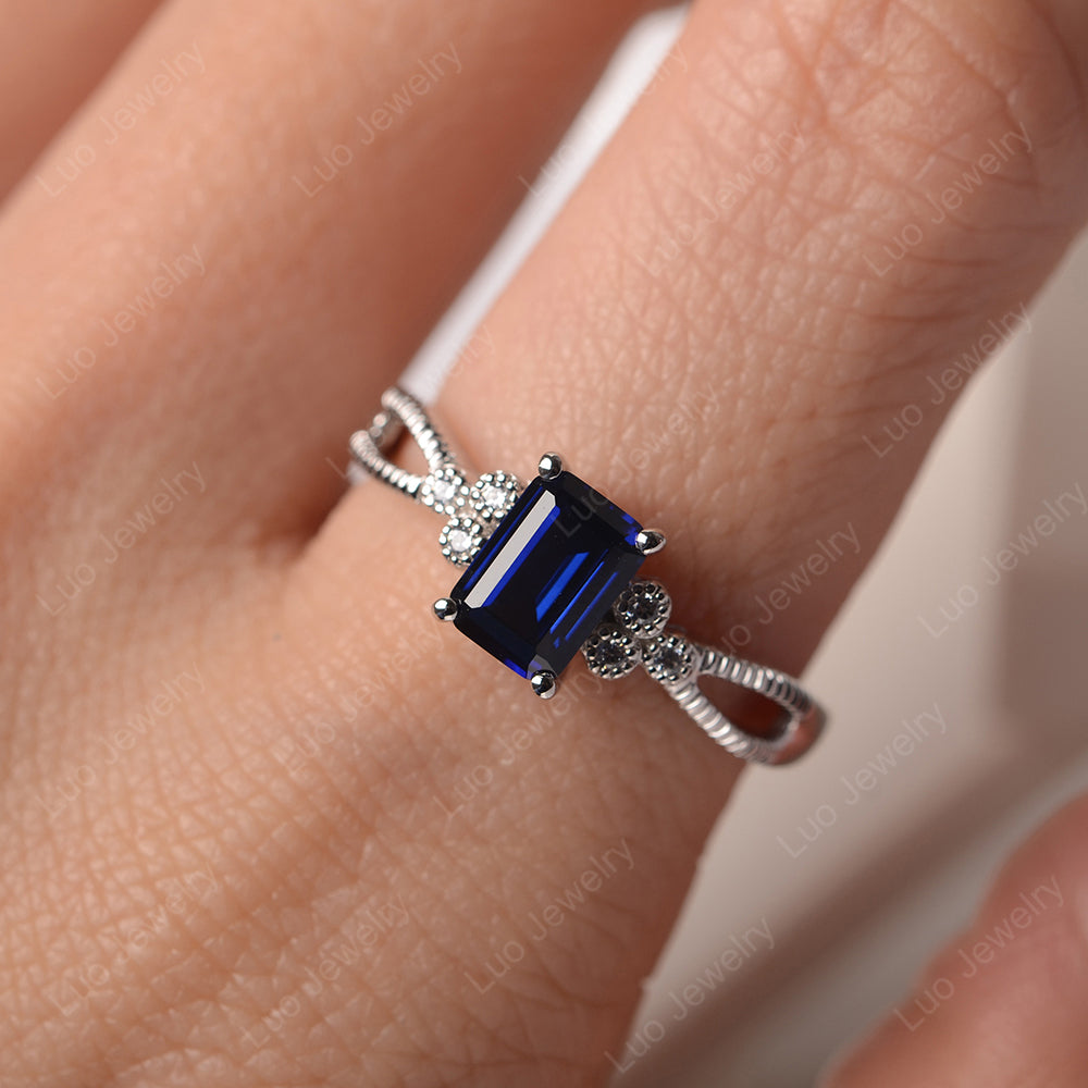 Emerald Cut Lab Sapphire Ring Vintage Engagement Ring - LUO Jewelry