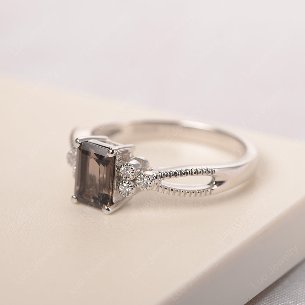 Emerald Cut Smoky Quartz  Ring Vintage Engagement Ring - LUO Jewelry