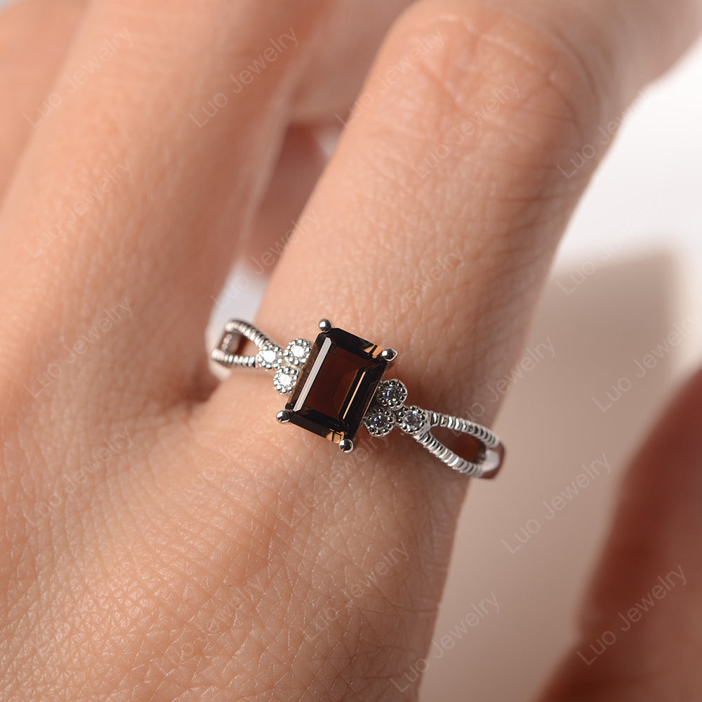 Emerald Cut Smoky Quartz  Ring Vintage Engagement Ring - LUO Jewelry