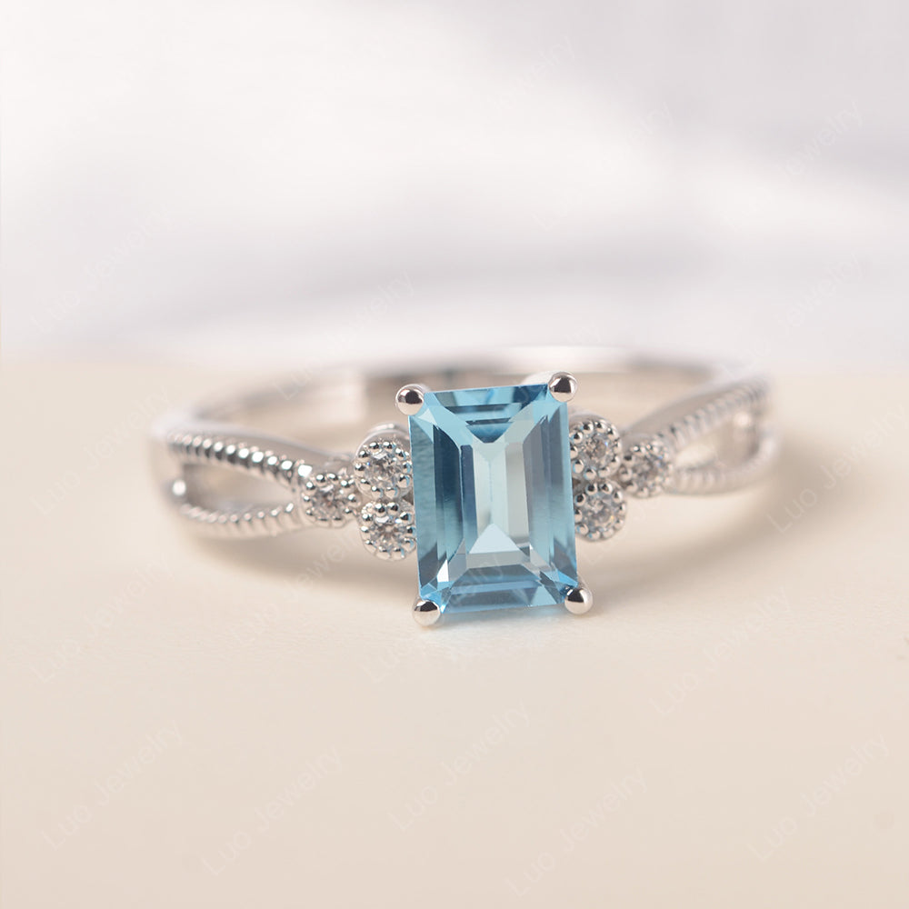 Emerald Cut Swiss Blue Topaz Ring Vintage Engagement Ring - LUO Jewelry