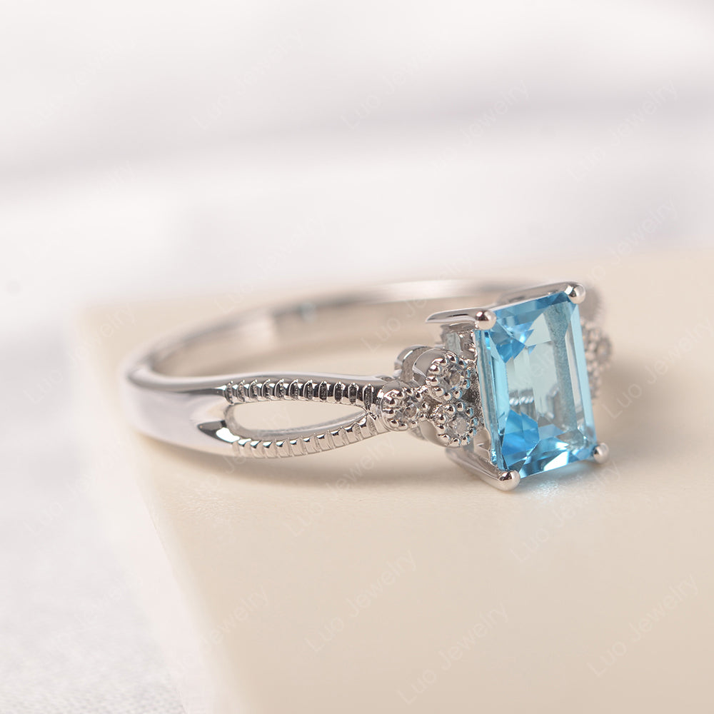 Emerald Cut Swiss Blue Topaz Ring Vintage Engagement Ring - LUO Jewelry