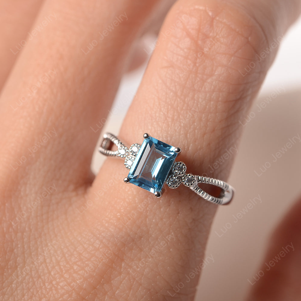 Emerald Cut Swiss Blue Topaz Ring Vintage Engagement Ring - LUO Jewelry