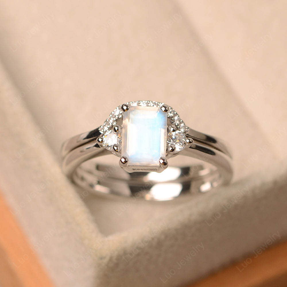 Emerald Cut Moonstone Engagement Ring Set - LUO Jewelry