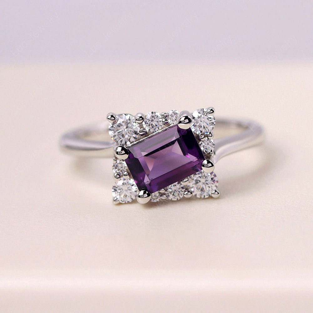 Halo-Ring mit Amethyst im Smaragdschliff