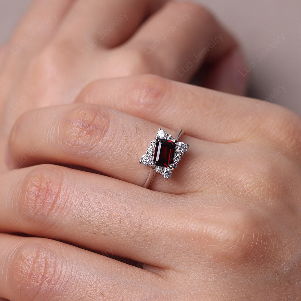 Emerald Cut Garnet Halo Ring