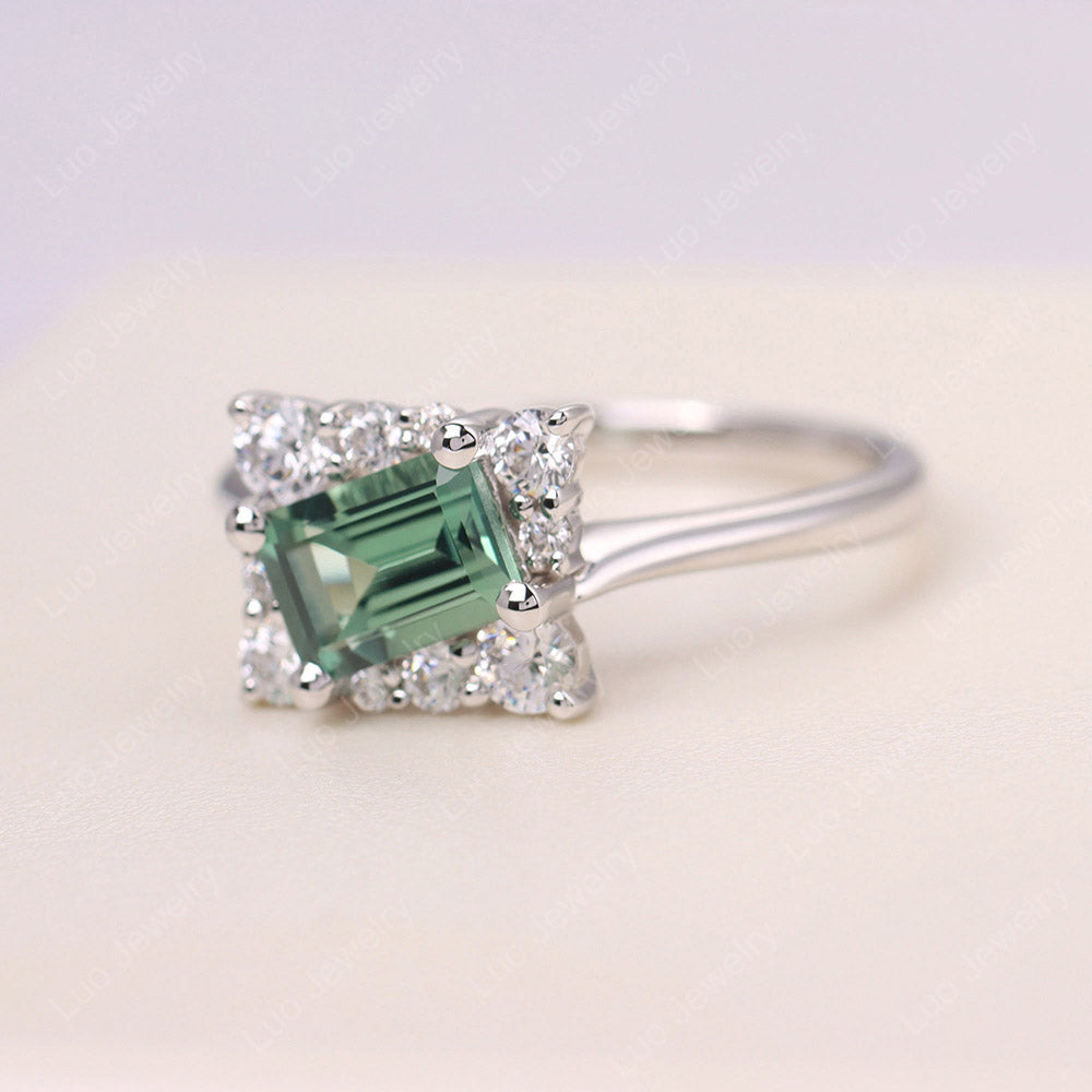 Emerald Cut Green Sapphire Halo Ring