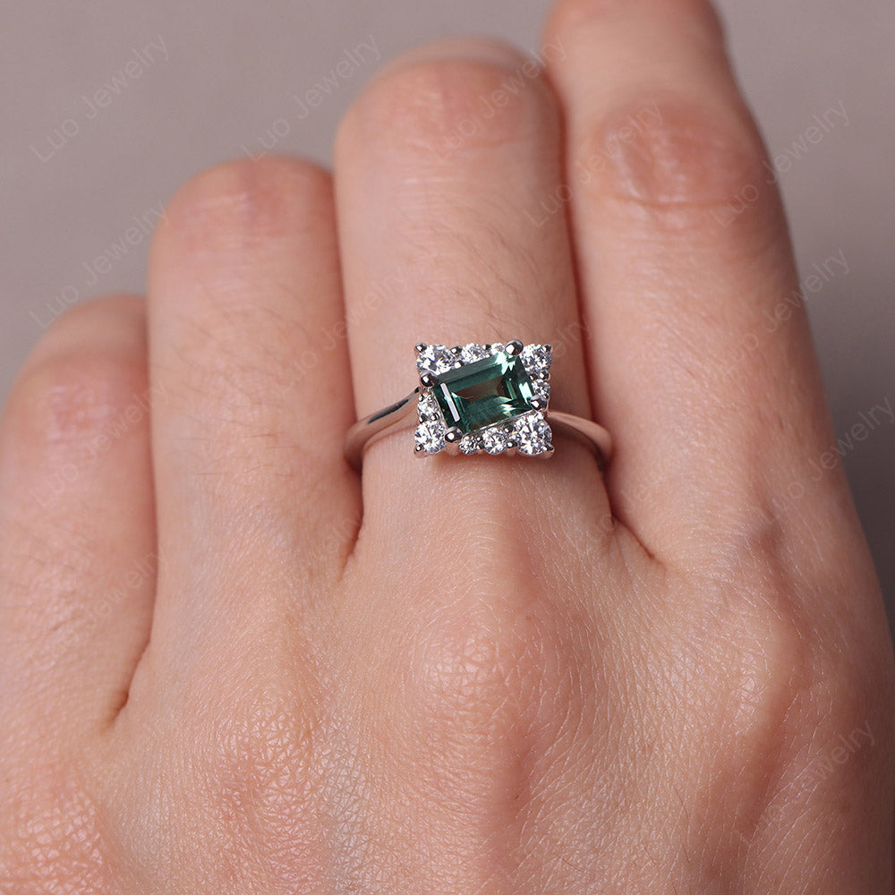 Emerald Cut Green Sapphire Halo Ring