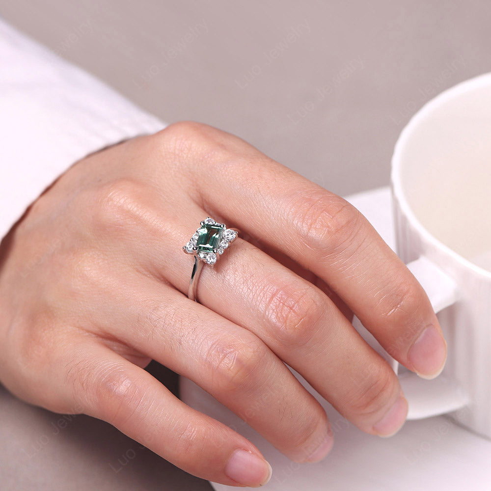 Emerald Cut Green Sapphire Halo Ring