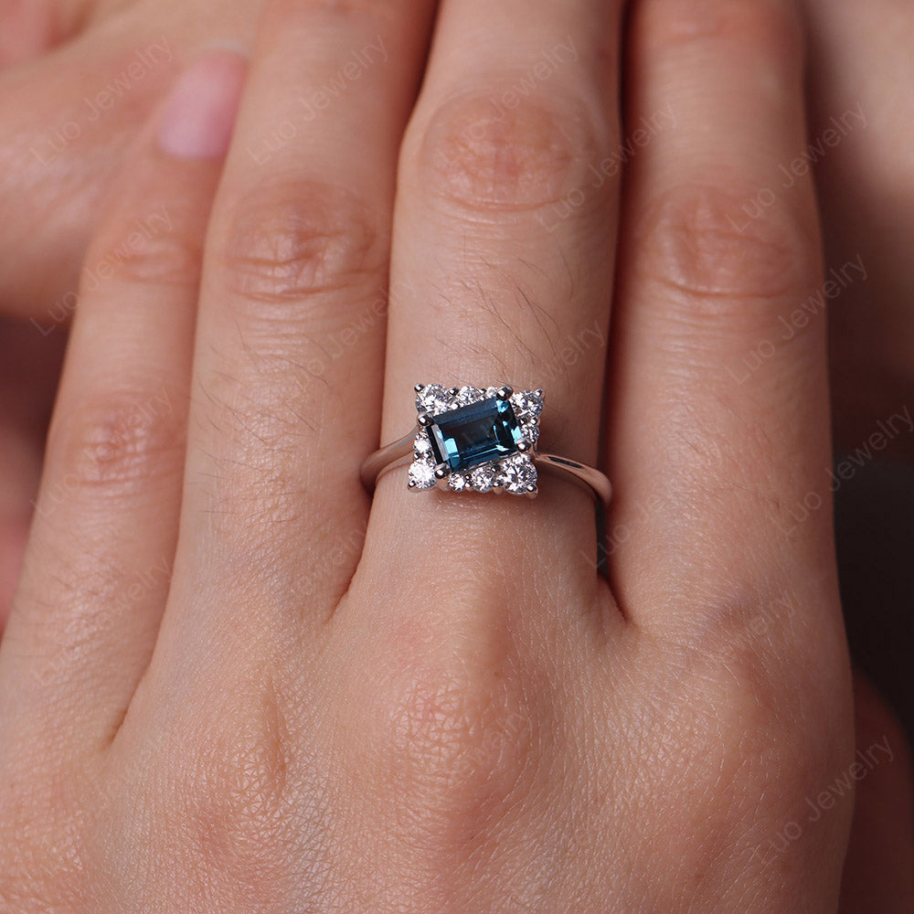 Emerald Cut London Blue Topaz Halo Ring