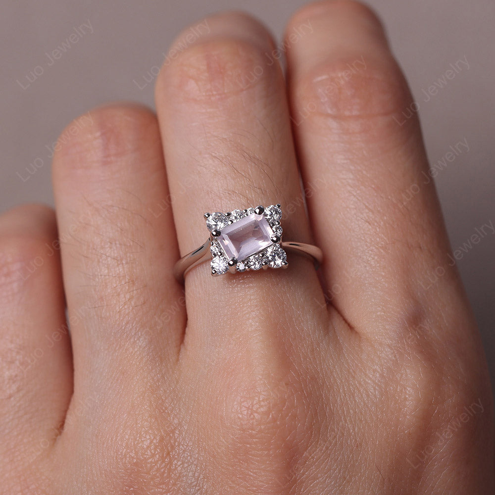 Emerald Cut Rose Quartz Halo Ring