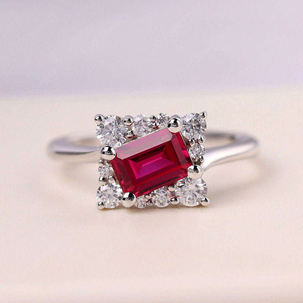 Emerald Cut Ruby Halo Ring