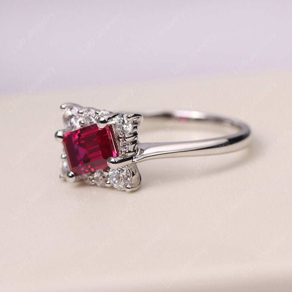 Emerald Cut Ruby Halo Ring