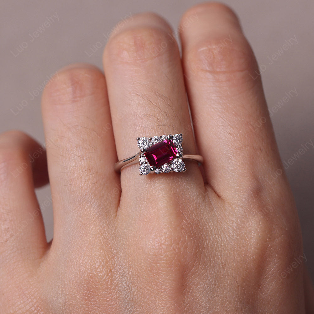 Emerald Cut Ruby Halo Ring