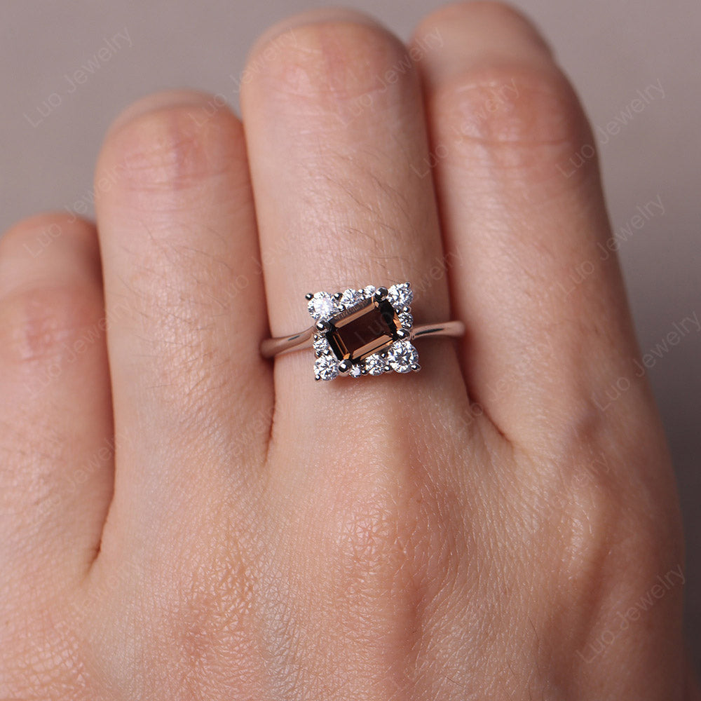 Emerald Cut Smoky Quartz Halo Ring