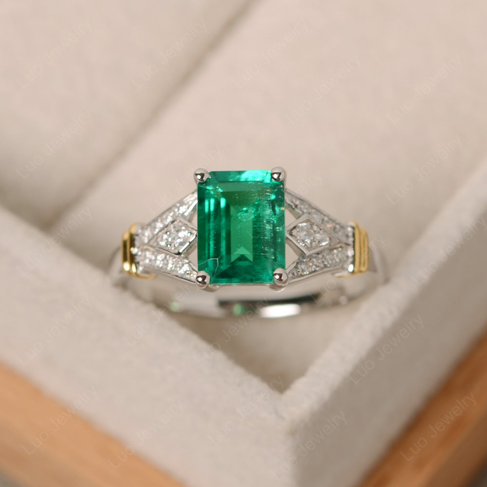 Emerald Cut Vintage Lab Emerald Wedding Ring - LUO Jewelry