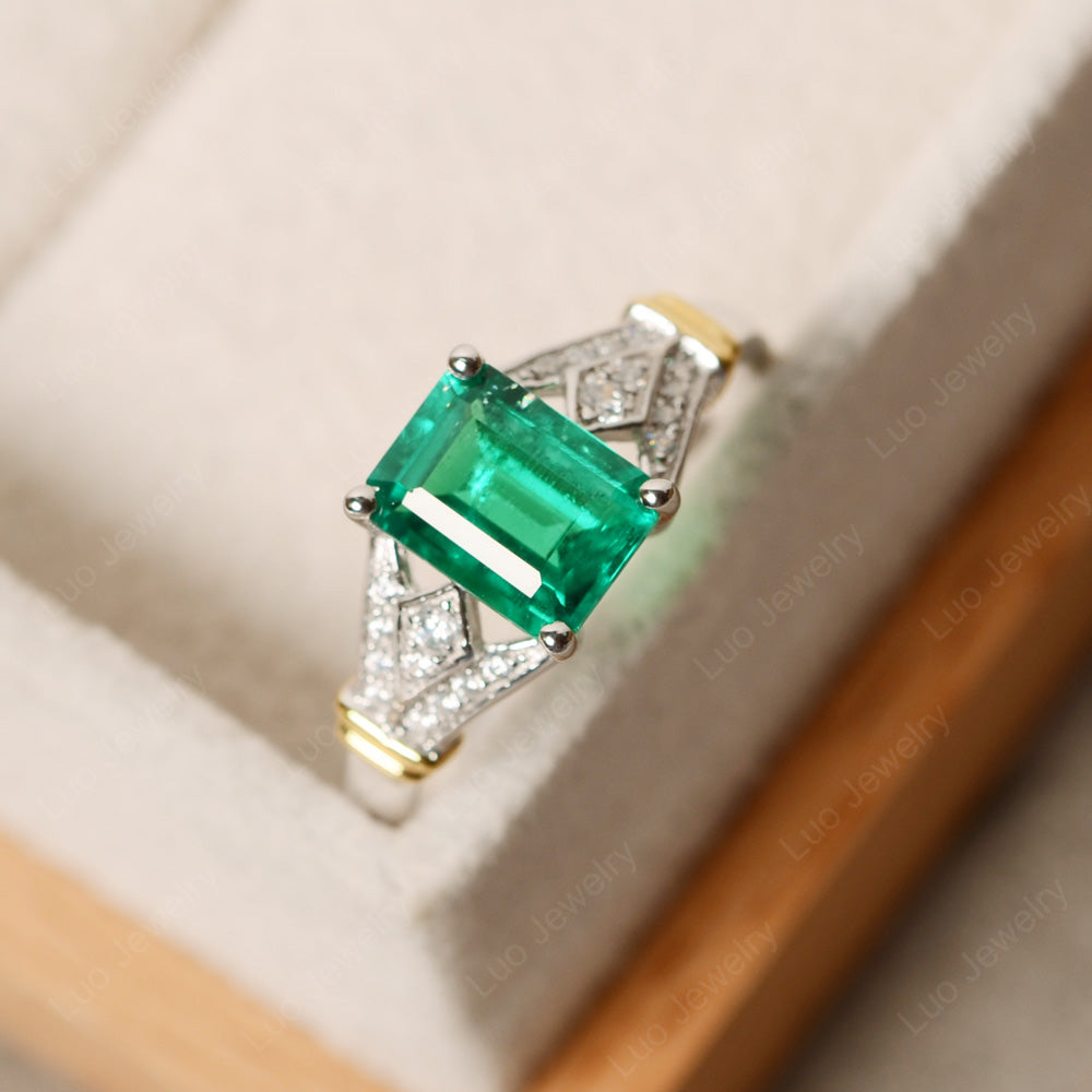 Emerald Cut Vintage Lab Emerald Wedding Ring - LUO Jewelry