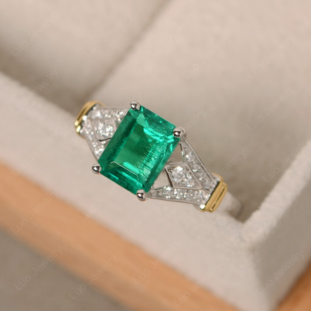Emerald Cut Vintage Lab Emerald Wedding Ring - LUO Jewelry