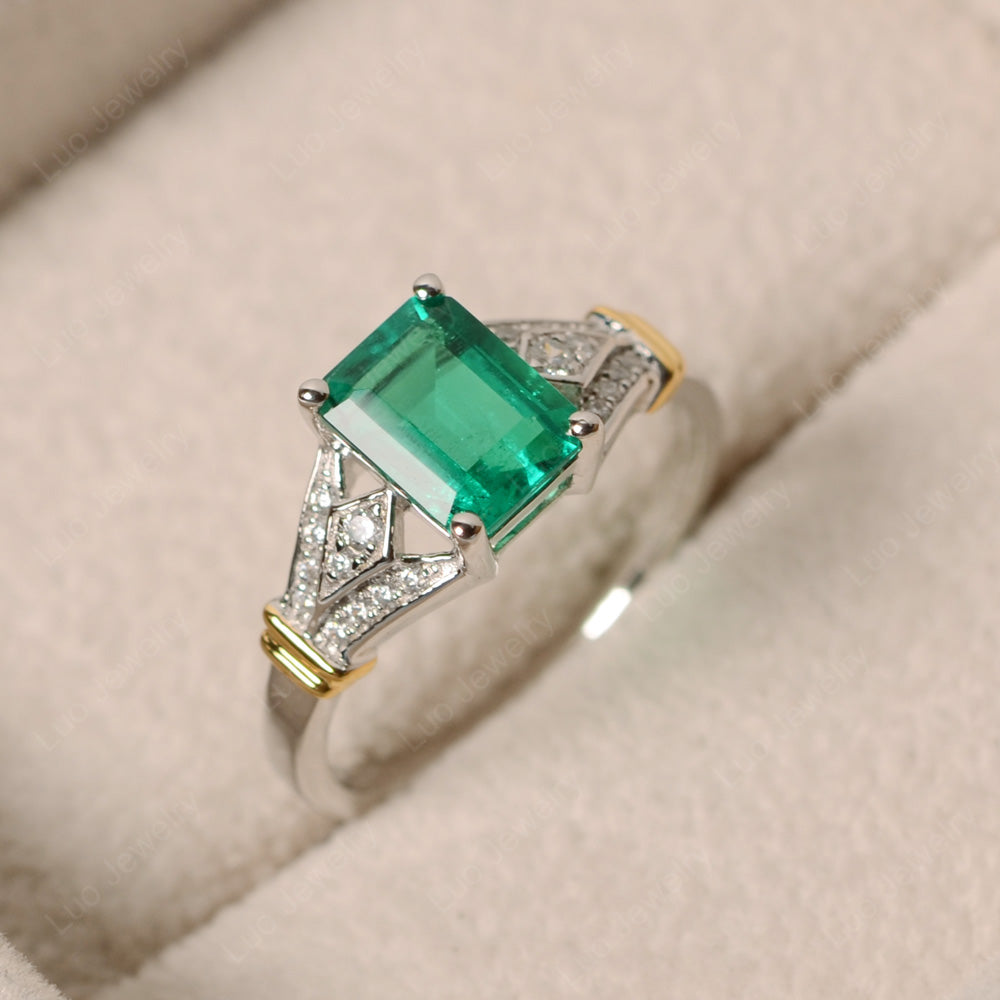 Emerald Cut Vintage Lab Emerald Wedding Ring - LUO Jewelry