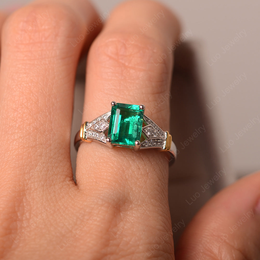 Emerald Cut Vintage Lab Emerald Wedding Ring - LUO Jewelry