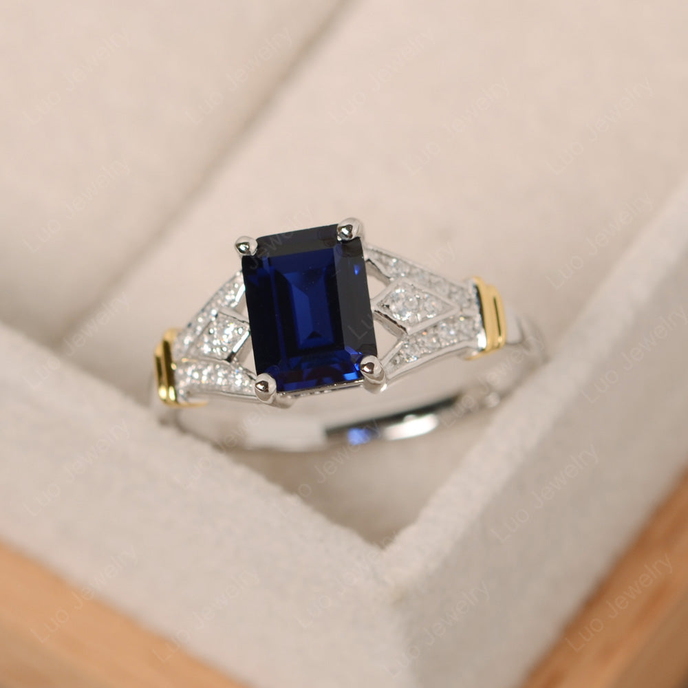 Emerald Cut Vintage Lab Sapphire Wedding Ring - LUO Jewelry