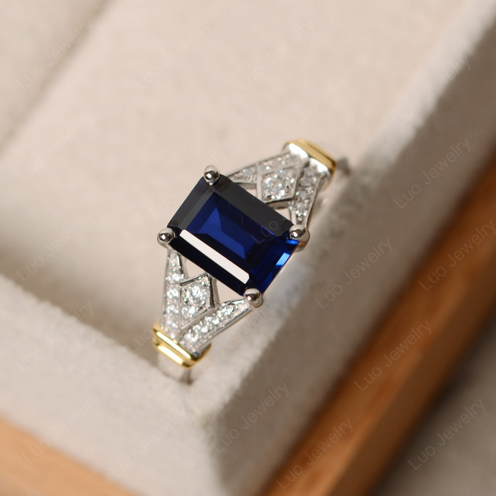 Emerald Cut Vintage Lab Sapphire Wedding Ring - LUO Jewelry