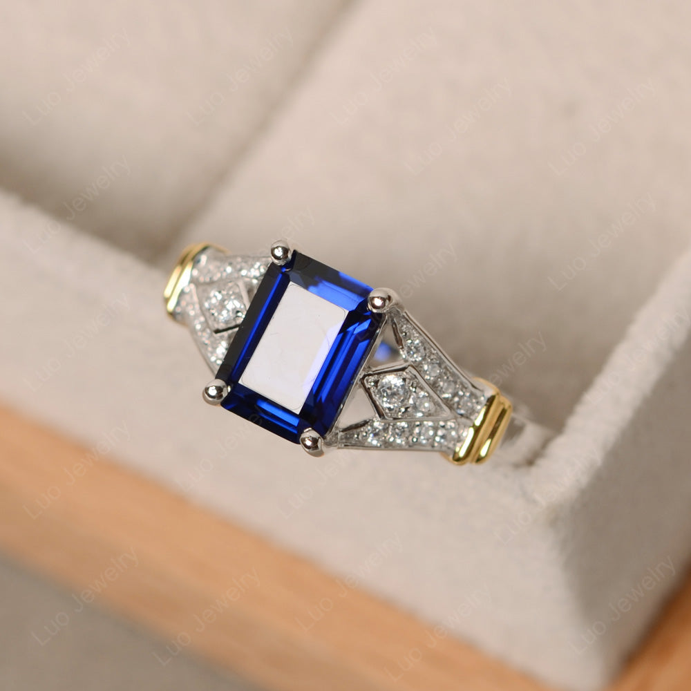 Emerald Cut Vintage Lab Sapphire Wedding Ring - LUO Jewelry