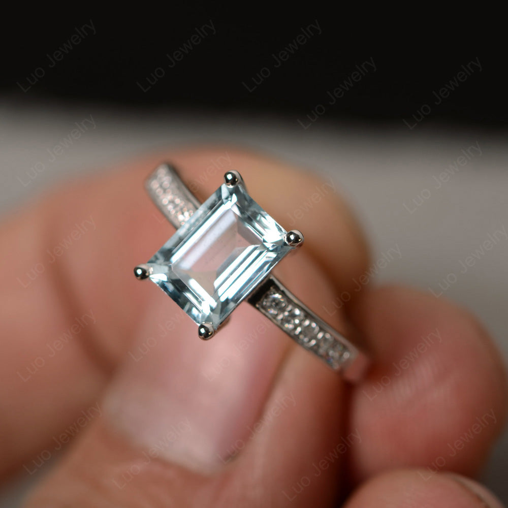 Aquamarine Wedding Ring Emerald Cut White Gold - LUO Jewelry