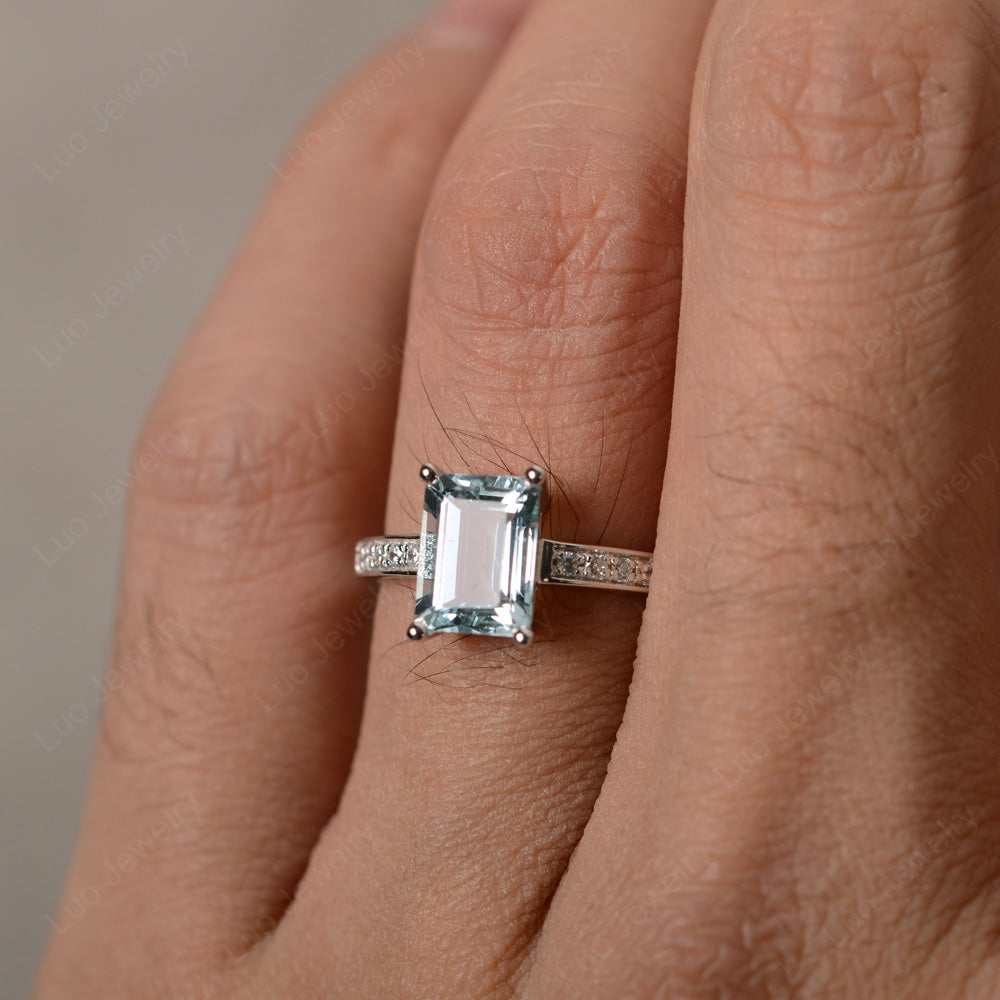 Aquamarine Wedding Ring Emerald Cut White Gold - LUO Jewelry