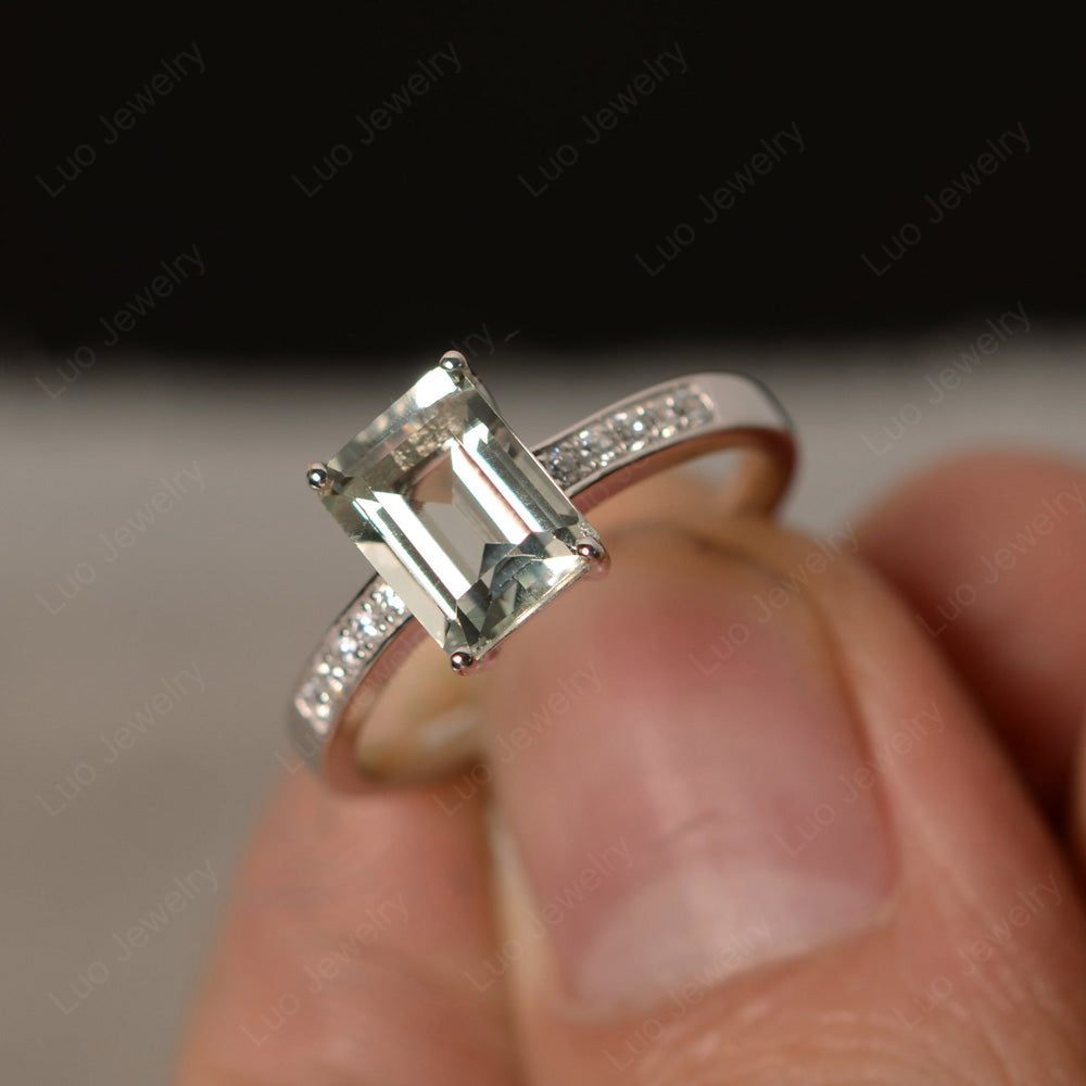 Green Amethyst Wedding Ring Emerald Cut White Gold - LUO Jewelry