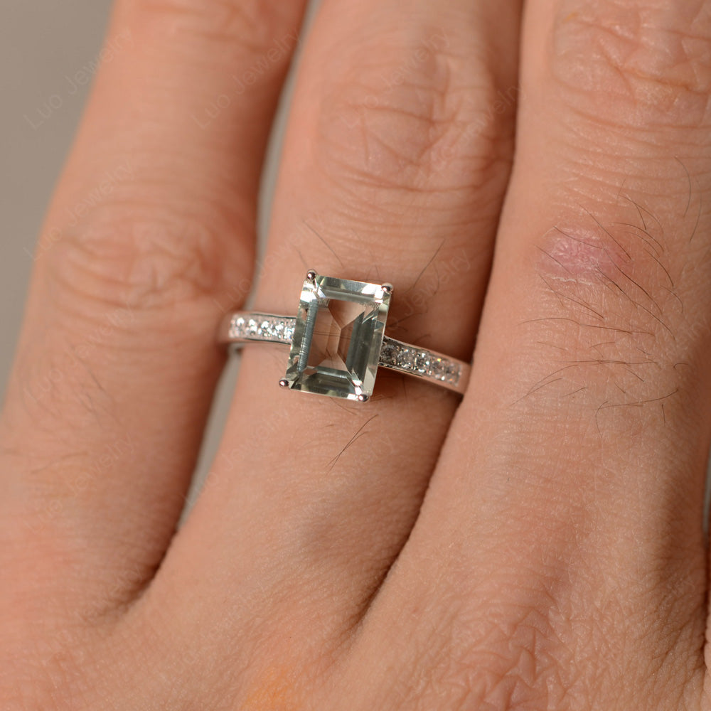 Green Amethyst Wedding Ring Emerald Cut White Gold - LUO Jewelry