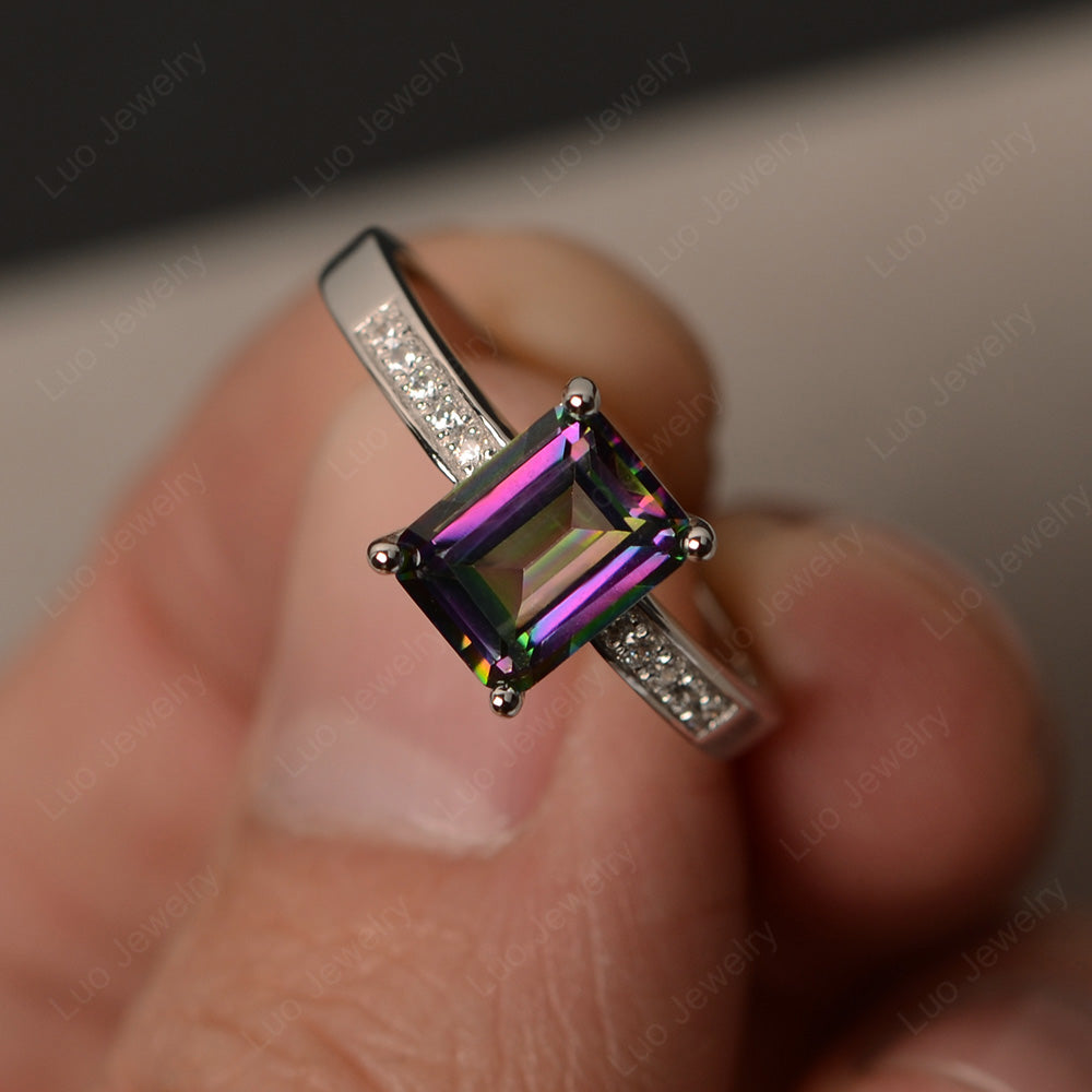 Mystic Topaz Wedding Ring Emerald Cut White Gold - LUO Jewelry