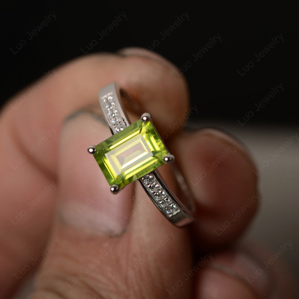 Peridot Wedding Ring Emerald Cut White Gold - LUO Jewelry
