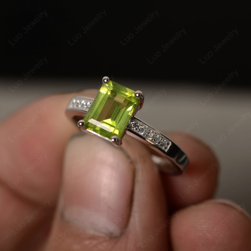 Peridot Wedding Ring Emerald Cut White Gold - LUO Jewelry