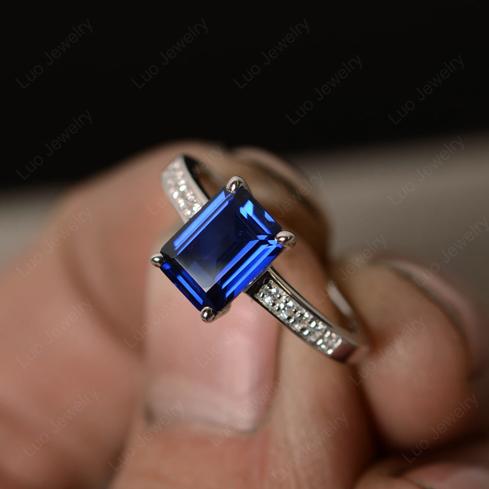 Lab Sapphire Wedding Ring Emerald Cut White Gold - LUO Jewelry