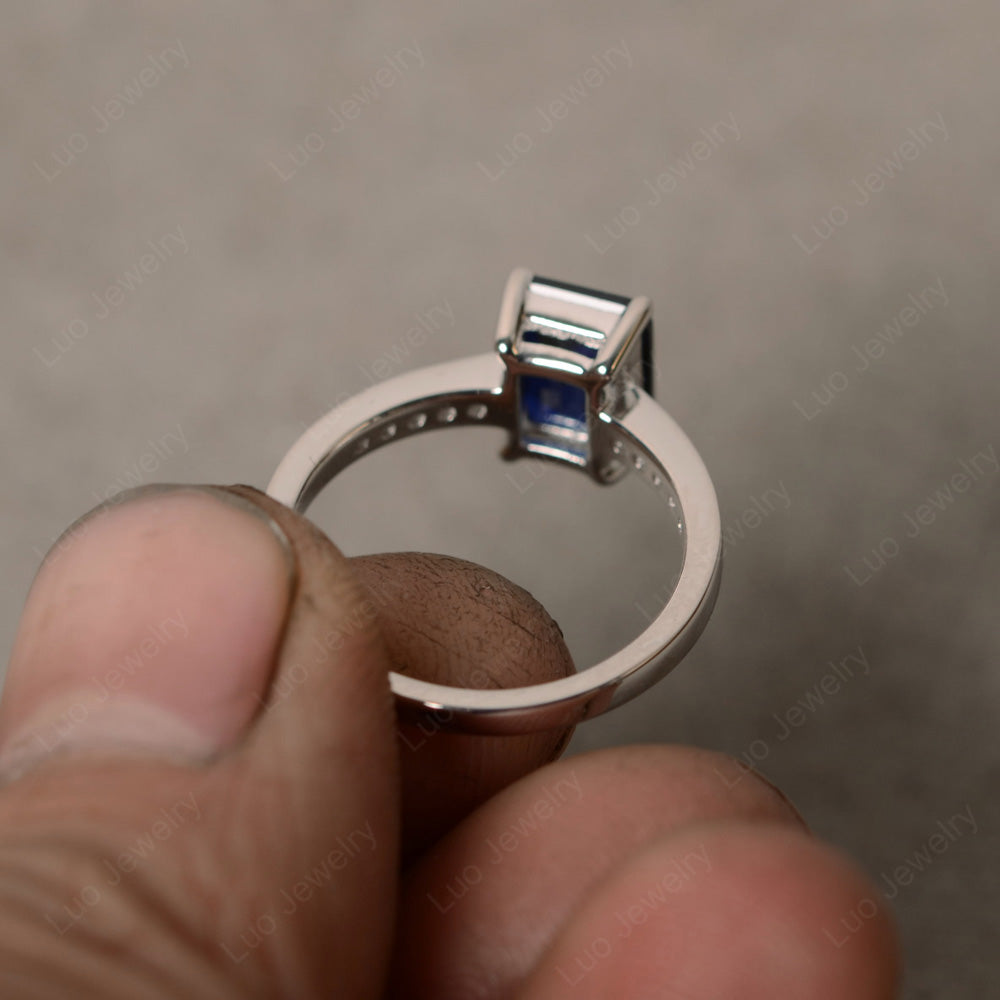 Lab Sapphire Wedding Ring Emerald Cut White Gold - LUO Jewelry