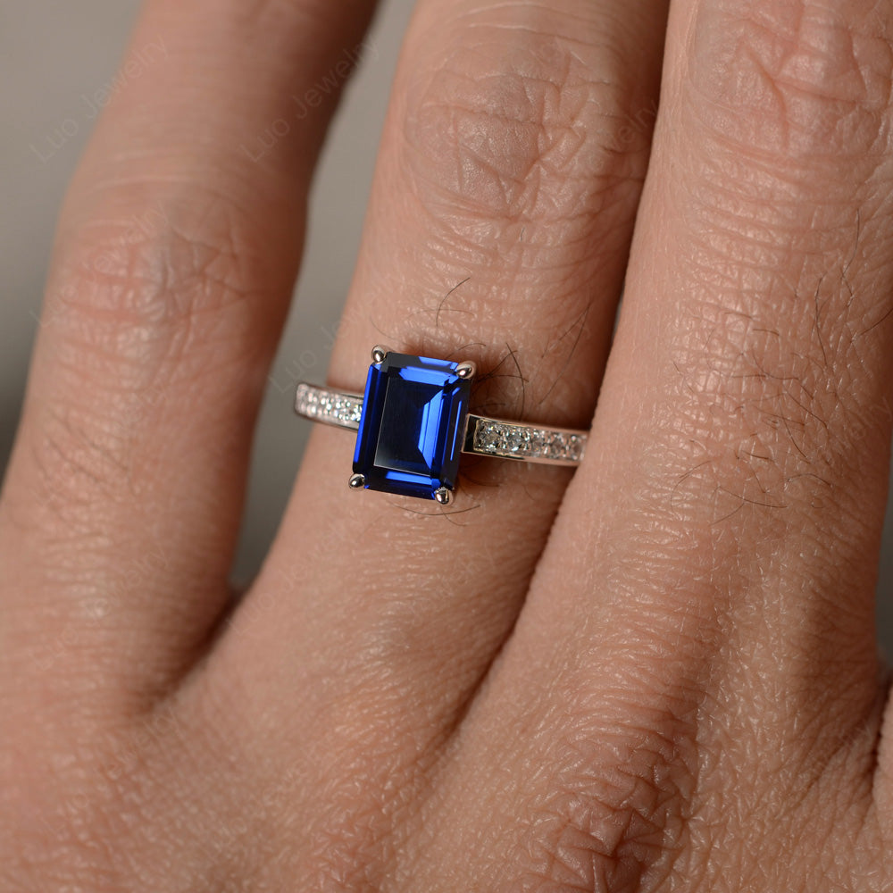 Lab Sapphire Wedding Ring Emerald Cut White Gold - LUO Jewelry