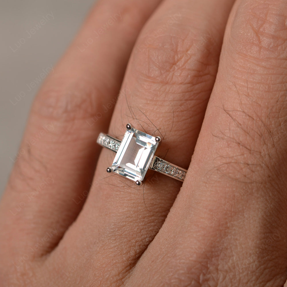White Topaz Wedding Ring Emerald Cut White Gold - LUO Jewelry