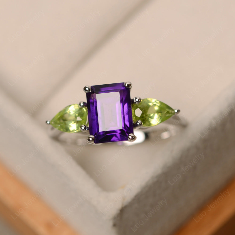 Emerald Cut Amethyst Ring With Pear Side Stone - LUO Jewelry