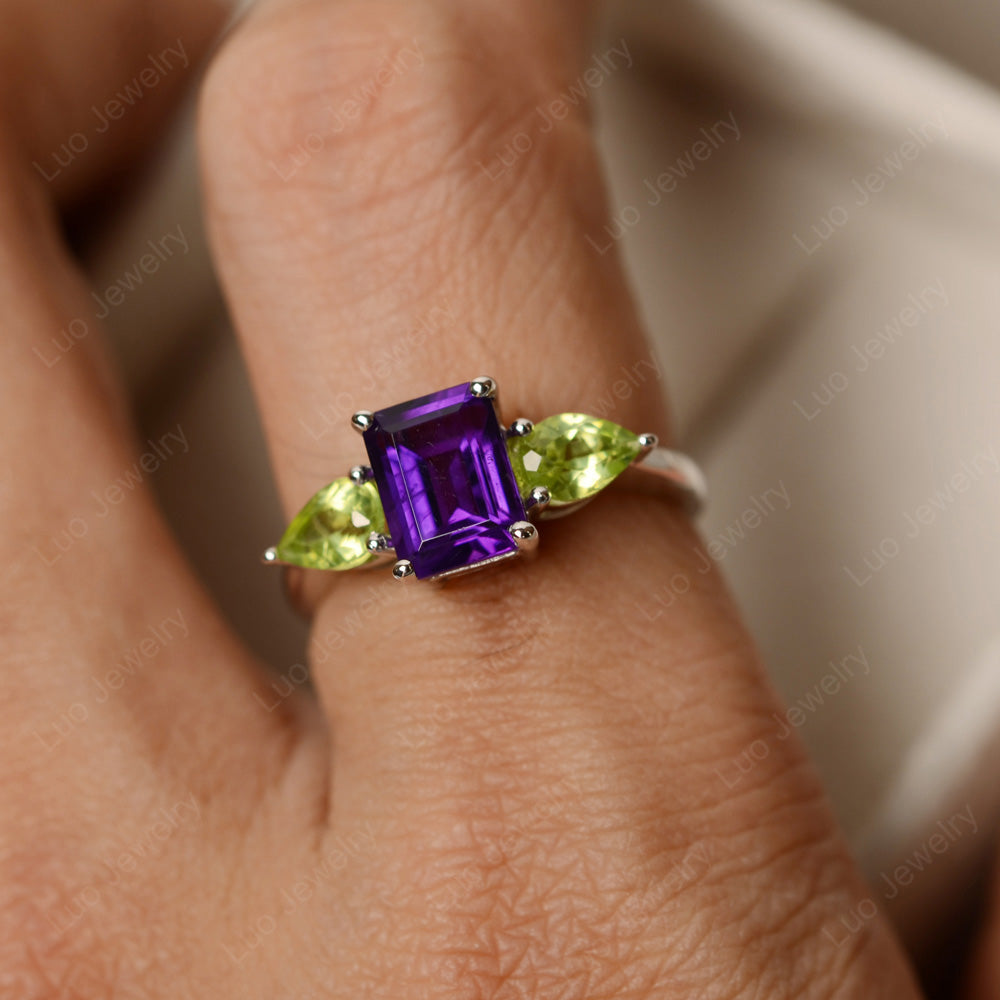 Emerald Cut Amethyst Ring With Pear Side Stone - LUO Jewelry