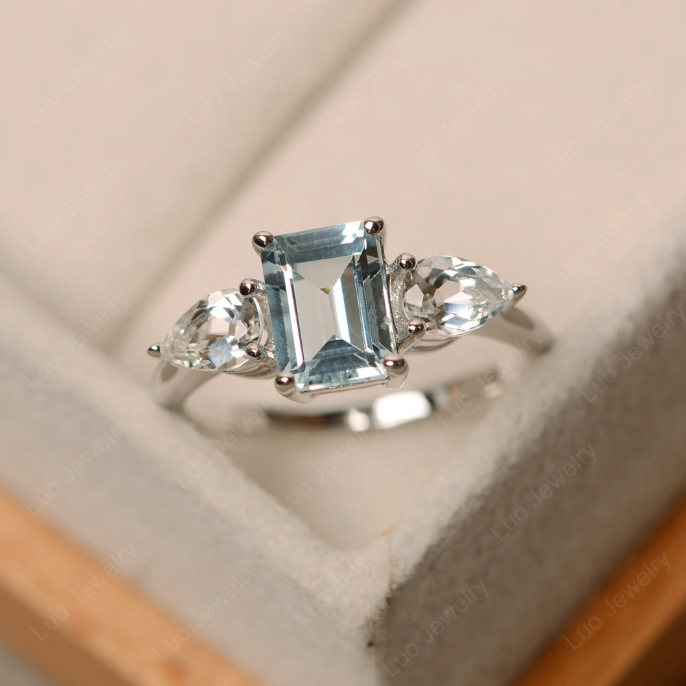 Emerald Cut Aquamarine Ring With Pear Side Stone - LUO Jewelry
