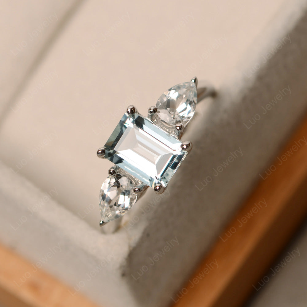Emerald Cut Aquamarine Ring With Pear Side Stone - LUO Jewelry