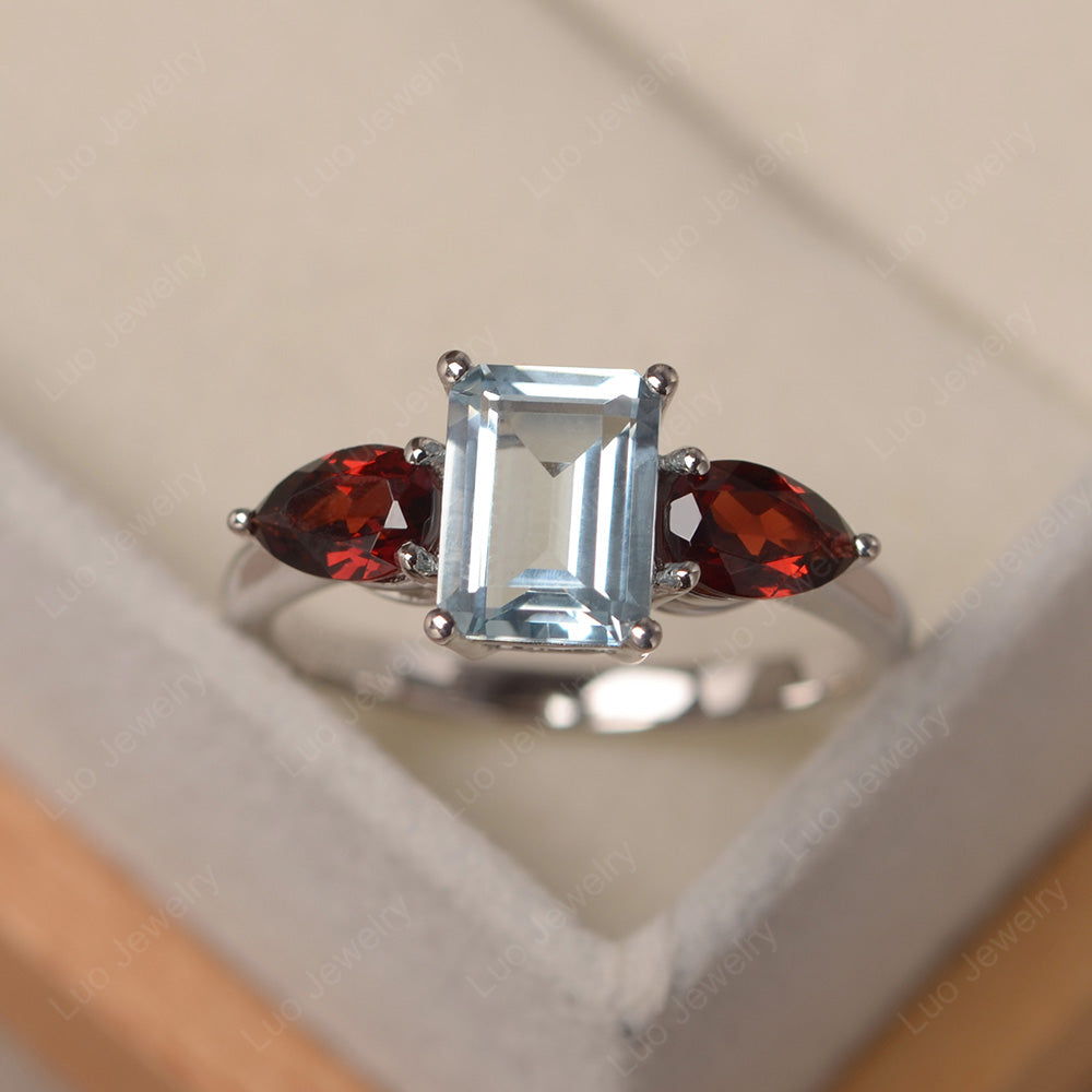 Emerald Cut Aquamarine and Garnet Ring - LUO Jewelry