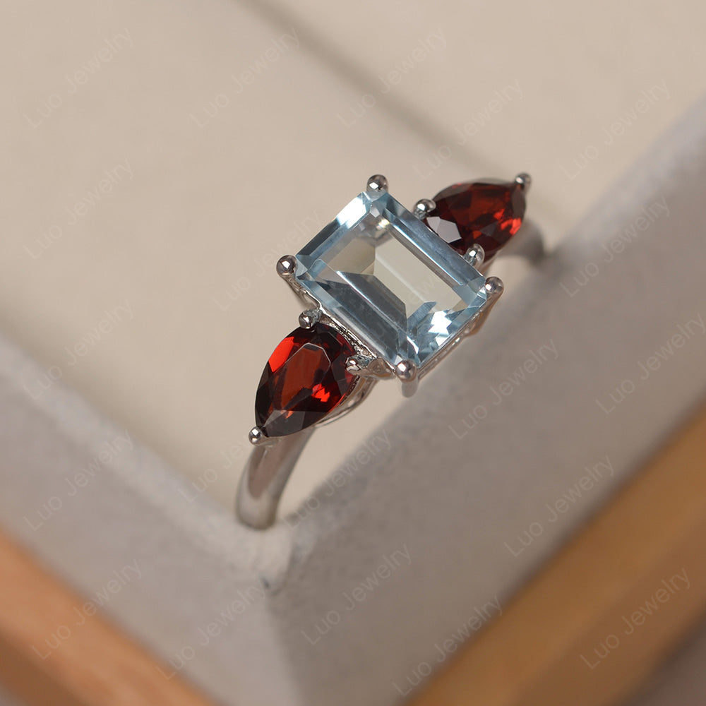 Emerald Cut Aquamarine and Garnet Ring - LUO Jewelry