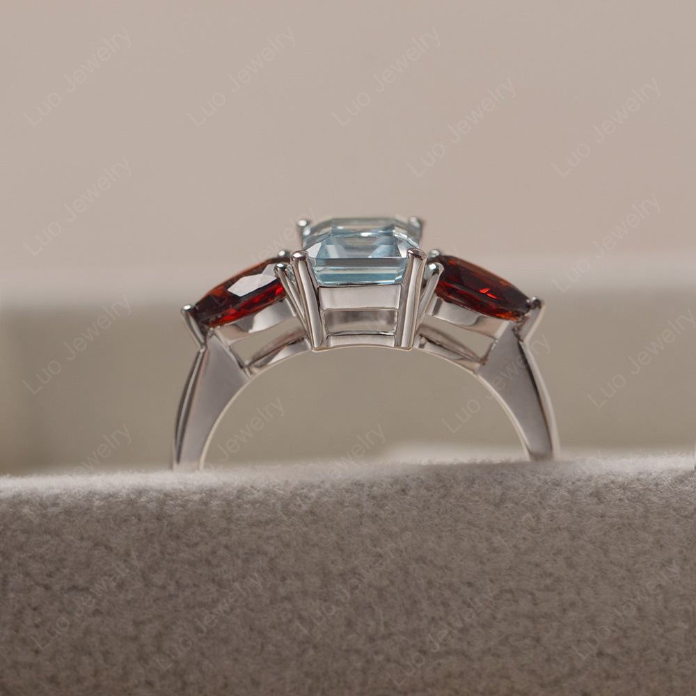 Emerald Cut Aquamarine and Garnet Ring - LUO Jewelry