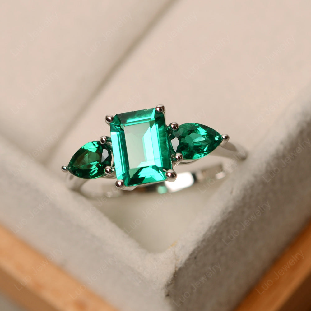 Emerald Cut Lab Emerald Ring With Pear Side Stone - LUO Jewelry