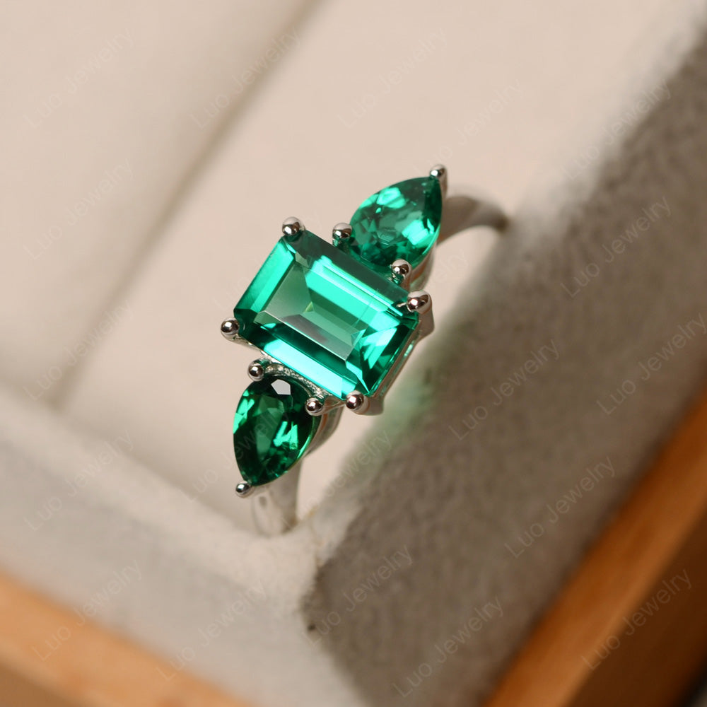 Emerald Cut Lab Emerald Ring With Pear Side Stone - LUO Jewelry